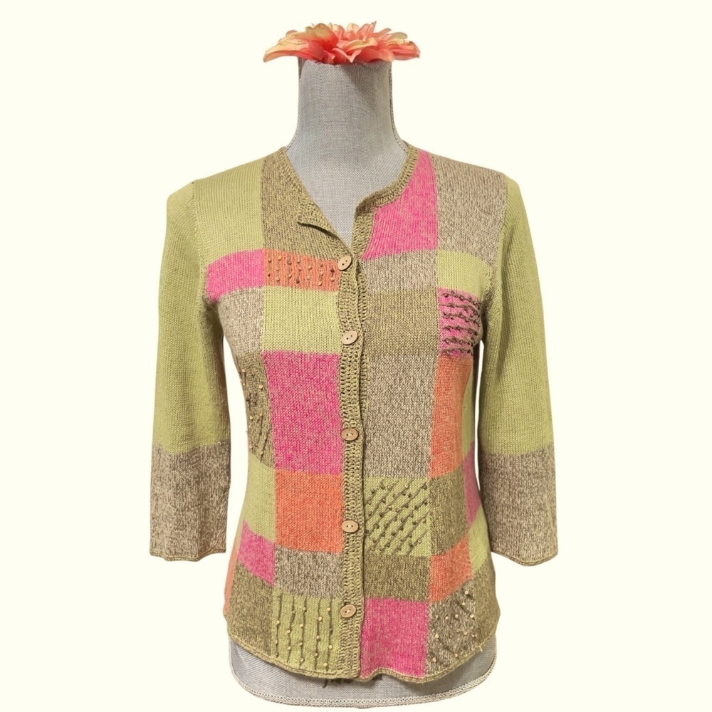 Sigrid Olsen Petite S Patchwork Knit Cardigan Sweater, Multi-Color Cottagecore